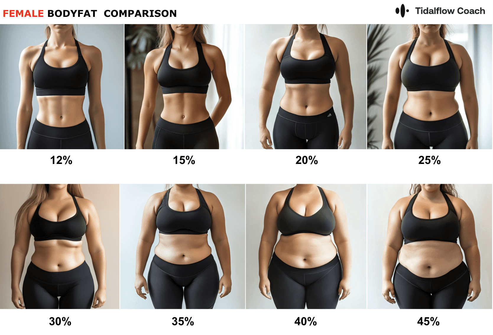 Body fat percentage chart for women showing visual examples of 12%, 15%, 20%, 25%, 30%, 35%, 40% and 45%