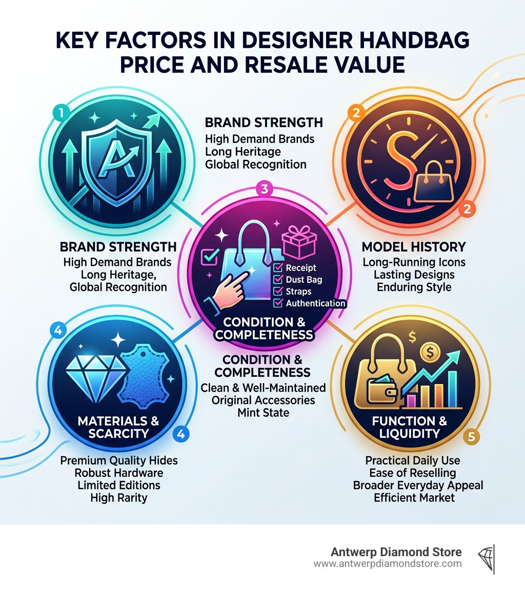 Key factors in designer handbag price and resale value infographic