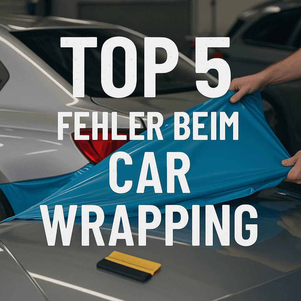 Nahaufnahme eines Autos in einer Werkstatt, während eine blaue Car-Wrapping-Folie aufgetragen wird, mit großem Text: ‚Top 5 Fehler beim Car Wrapping