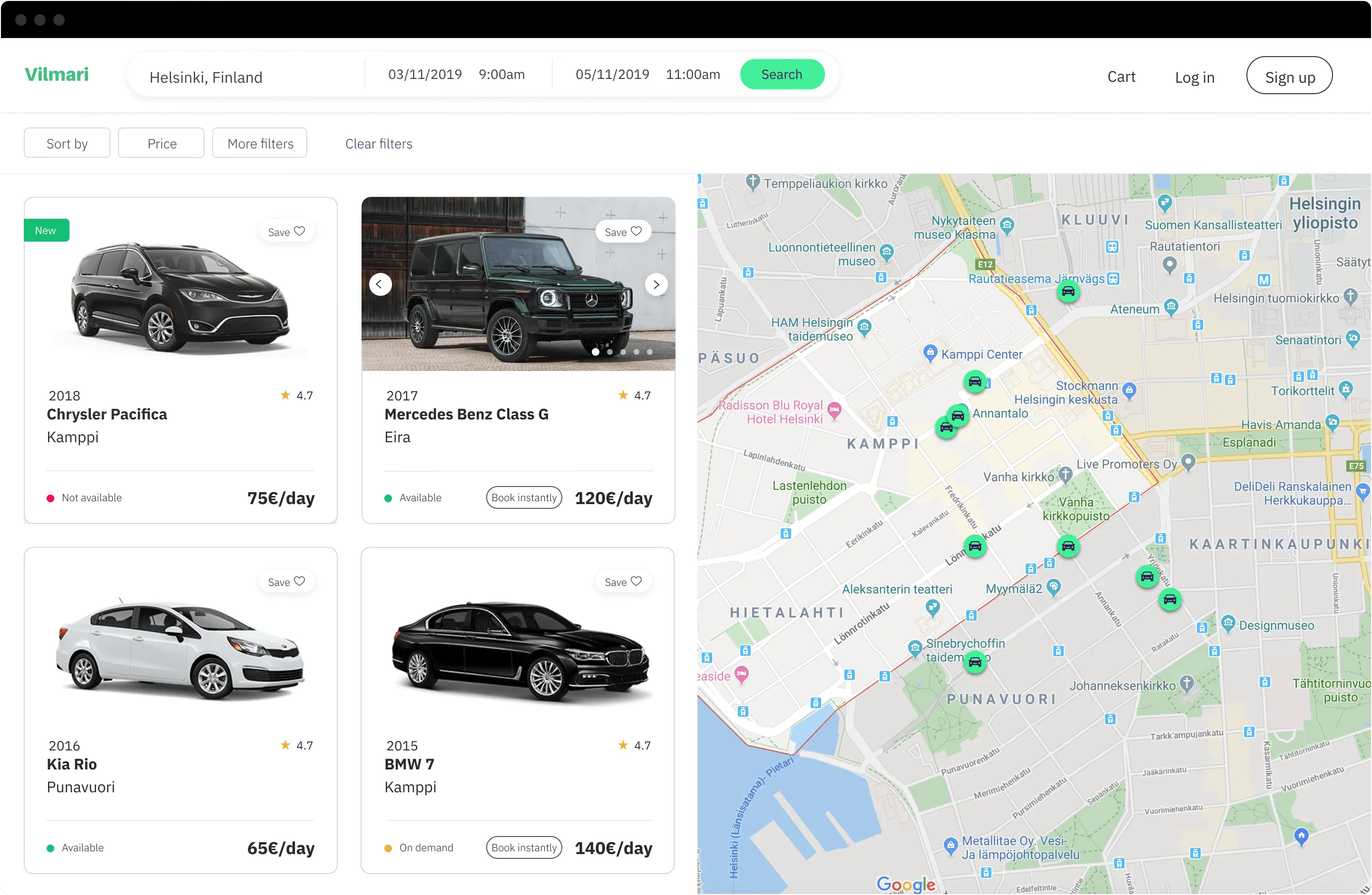 Desktop search results with a map of available cars