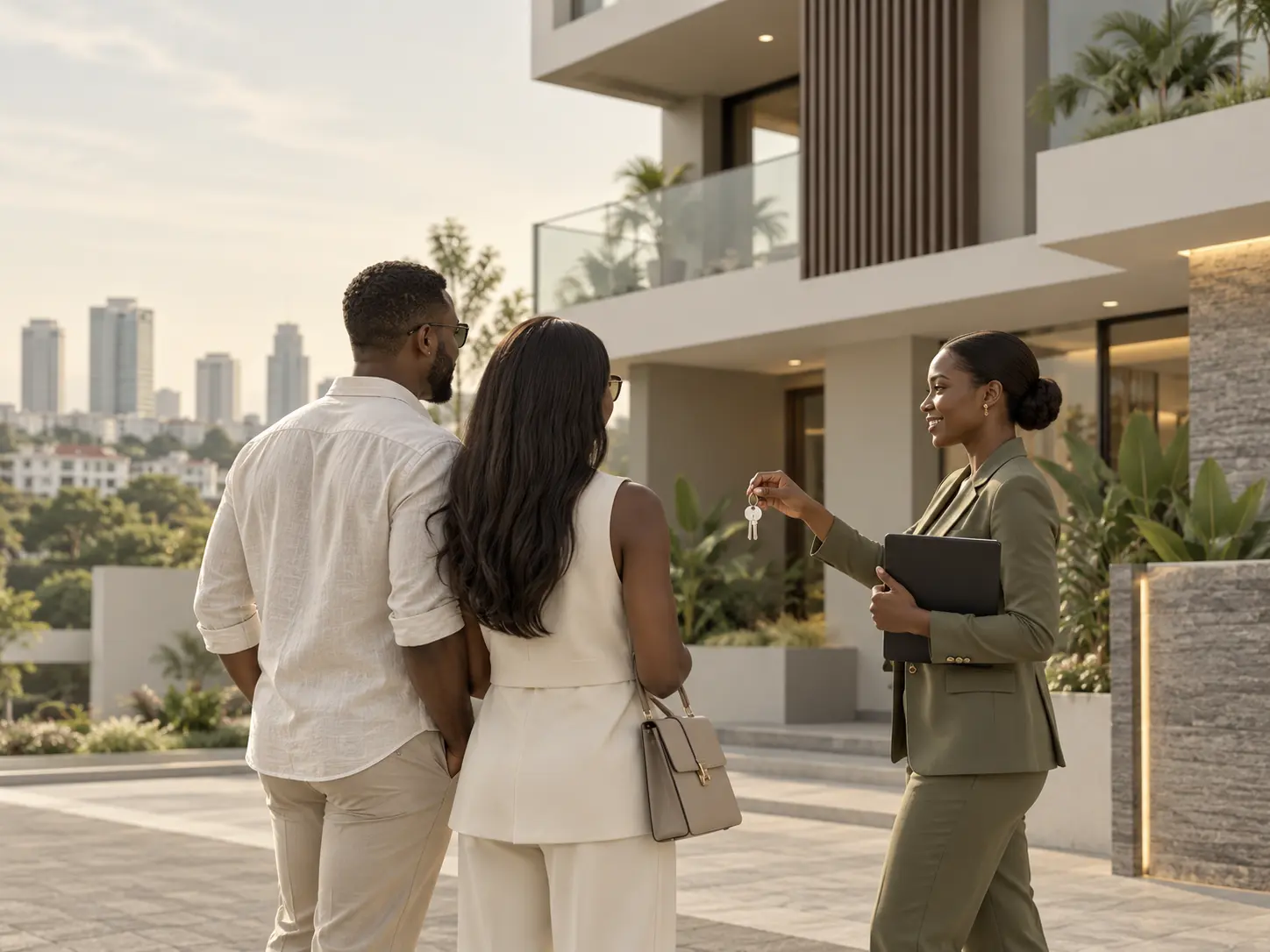 Real estate agent assisting clients with a modern property in Accra, Ghana