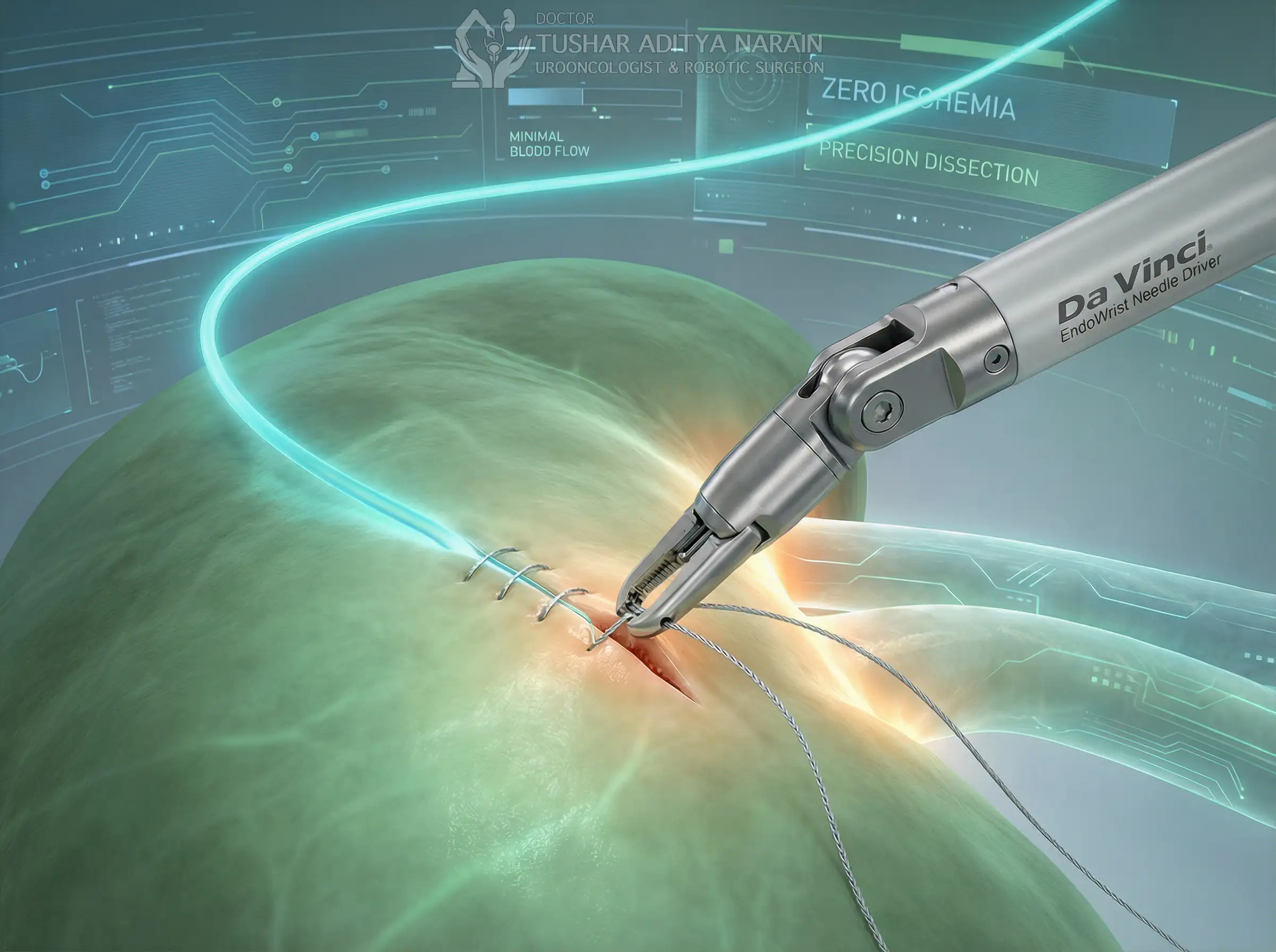 Da Vinci robotic instruments का एक विस्तृत दृश्य, जो उच्च सटीकता के साथ गुर्दे की खराबी को सील (suturing) कर रहे हैं। एक चमकती हुई रेखा सर्जन के नियंत्रण को दर्शाती है, जो Robotic Partial Nephrectomy (RARP) के दौरान कम से कम Ischemia Time में होता है।