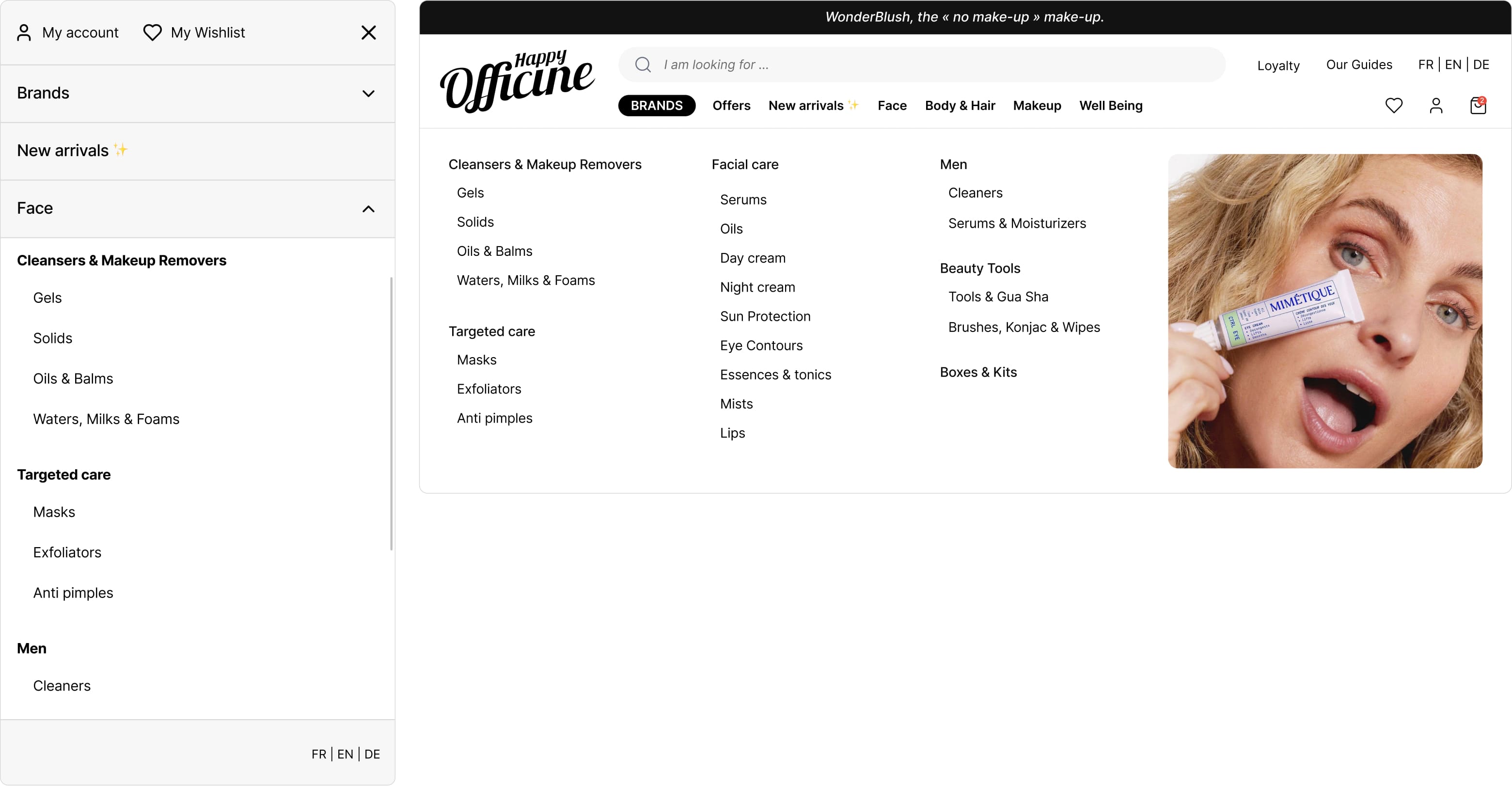 E-commerce mega menu navigation for Happy Officine showing product categories, subcategories, and visual hierarchy
