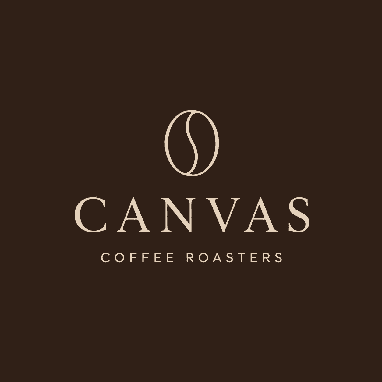 Canvas Coffee Roasters logo featuring a minimalist coffee bean icon paired with elegant serif typography on a rich dark brown background.