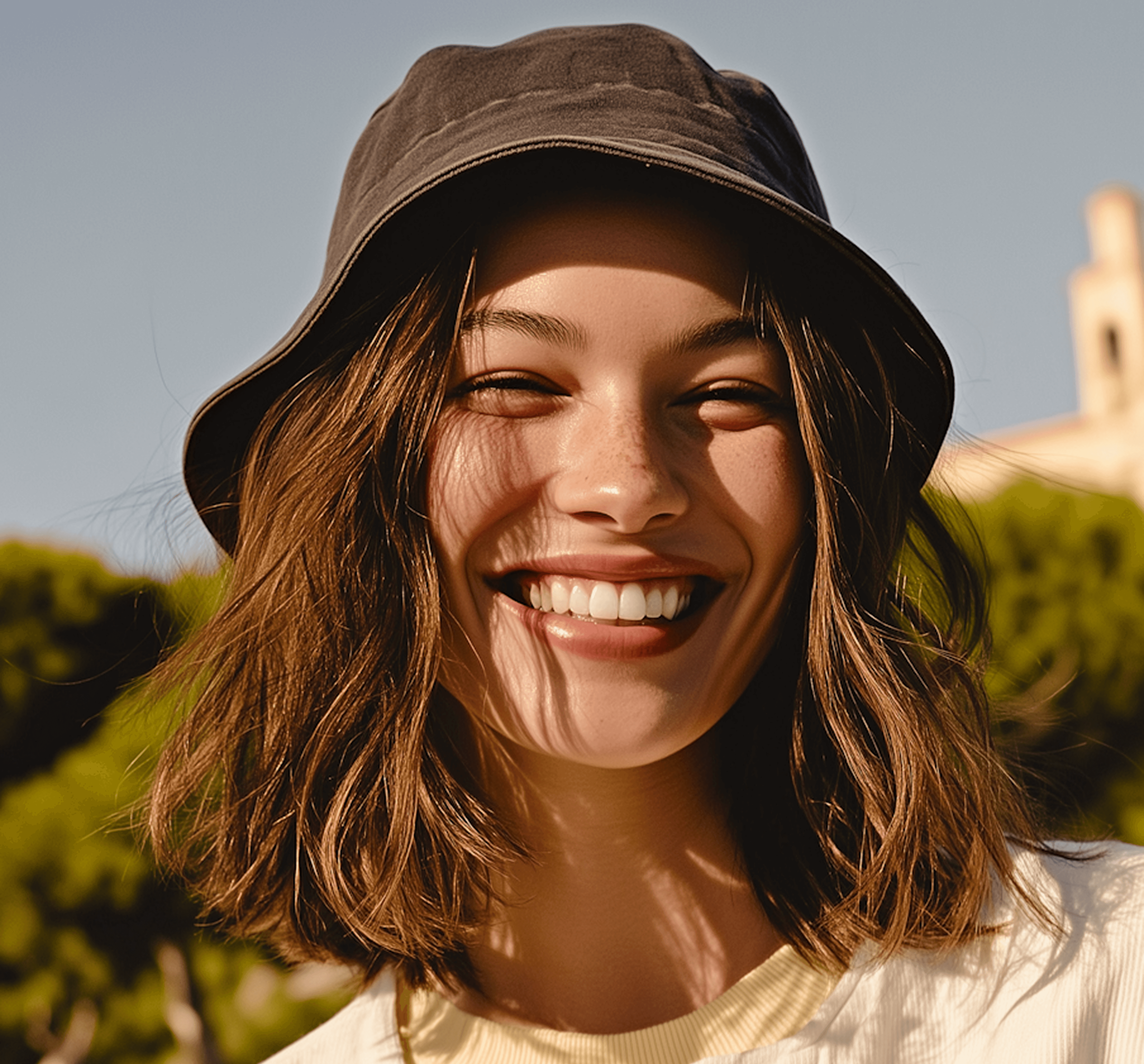 Smiling person in bucket hat outdoors with trees, building, and blue sky in background