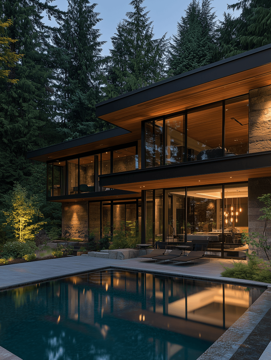 luxury modern home with pool surrounded by forest
