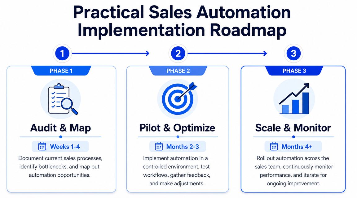 A three-phase roadmap for practical sales automation, covering process auditing, piloting, and scaling sales workflows.