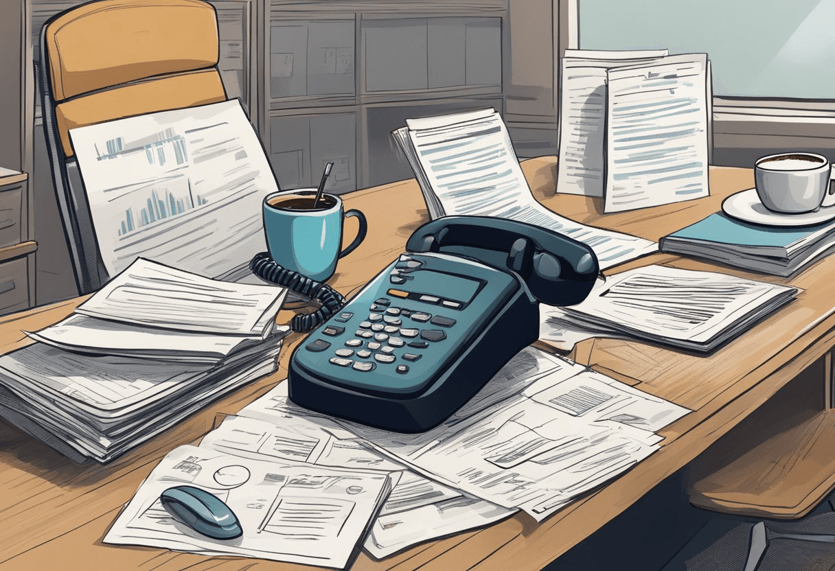 A cluttered desk with job listings, resumes, and a ringing phone. A worn-out chair and a coffee mug with Recruiter written on it