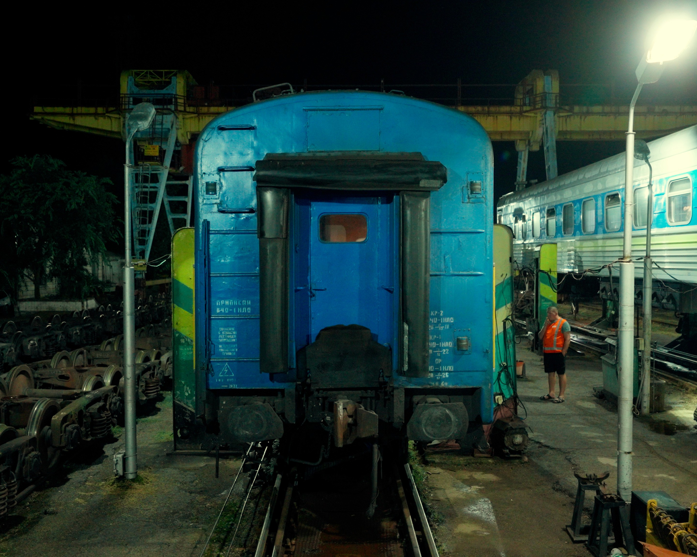 The view from the train window at night during the border stop