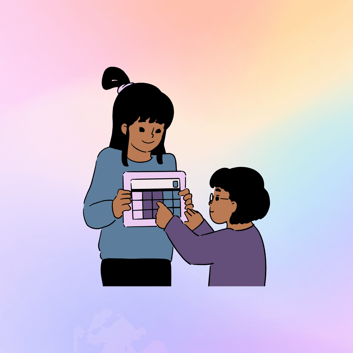 Illustration of a parent holding an AAC device and a child pressing buttons on it