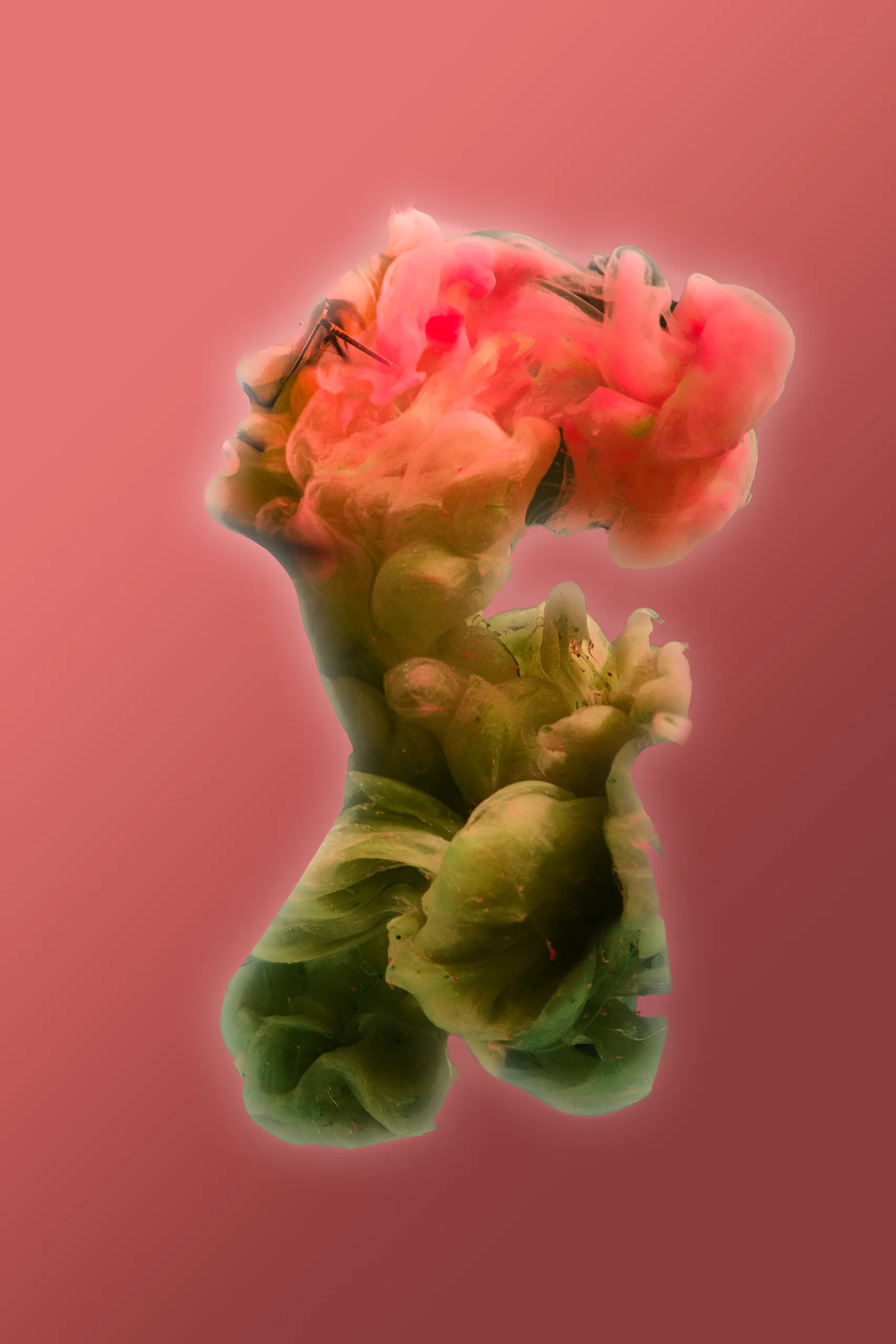 Conceptual fine art photography of complex pink and green ink clouds billowing and mixing, creating unique organic shapes.