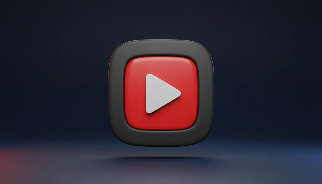 3D render of the YouTube logo stylized as a minimalist squircle app icon, Blender style. The icon is made of dark grey matte plastic with a recessed, vibrant red inset featuring a clean white play button. The object is centered on a dark navy blue studio backdrop, illuminated by soft global illumination with subtle red and blue rim lighting that casts soft highlights and gentle shadows.
