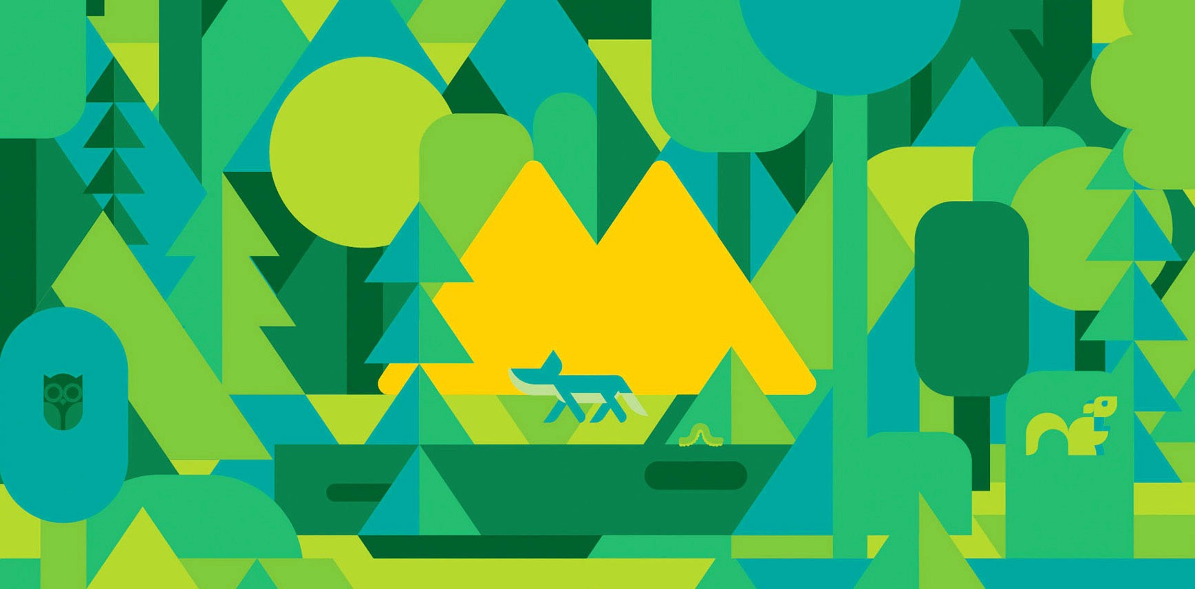 Pattern for a series of events about the preservation of forest. simple geometric stylised vector illustration in shades of green with yellow M icon.