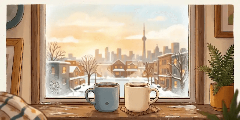 Illustration of two steaming coffee mugs on a frosty windowsill, looking out over a snowy Toronto cityscape at sunrise.