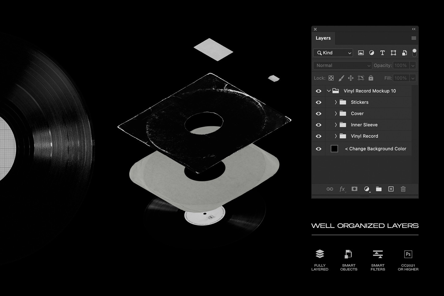Vinyl record mockup Photoshop template with smart objects and organized layers