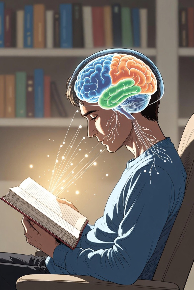 Kitap okuyan bir insanın beyninde aktifleşen bölgeleri temsil eden illüstrasyon