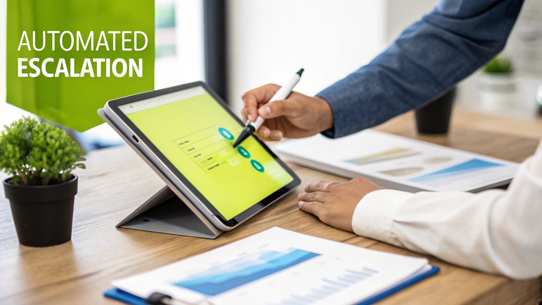 Two business professionals using a tablet for automated escalation, surrounded by charts and documents.