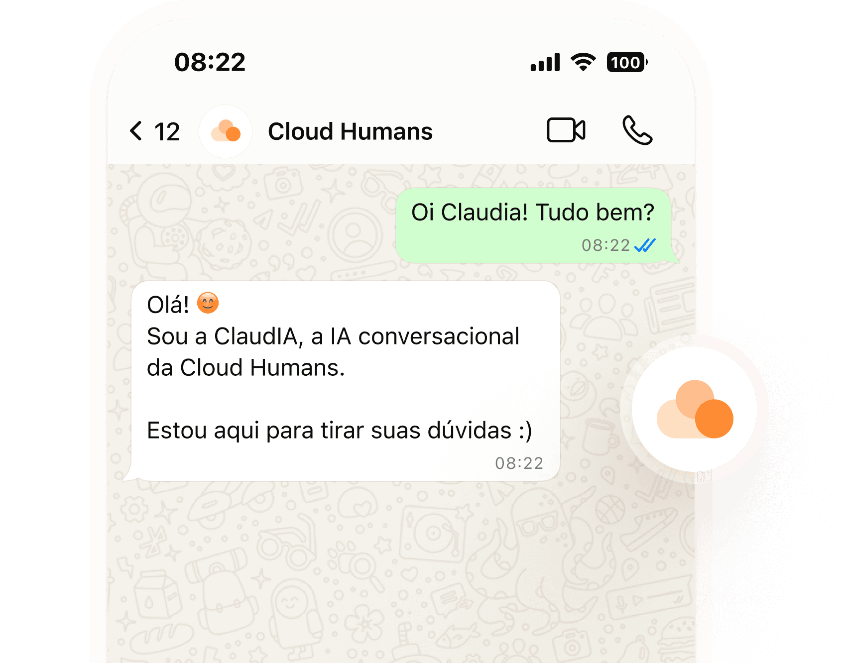 WhatsApp com a ClaudIA, IA da Cloud Humans que ajuda na interação no Whatsapp sem precisar de um atendimento human.