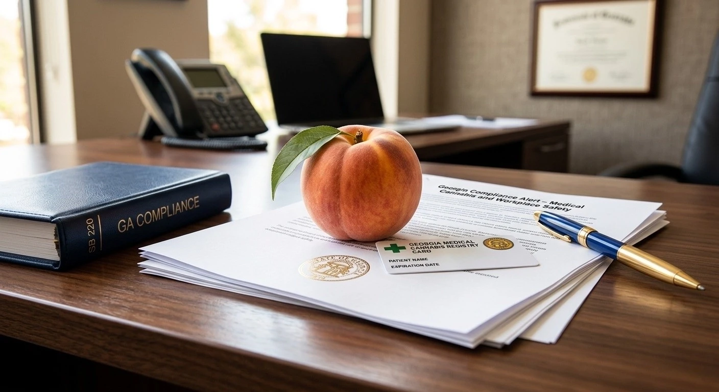 A close-up of a professional desk featuring a dark blue 'GA COMPLIANCE SB 220' binder, official Georgia state papers with a gold seal titled 'Georgia Compliance Alert – Medical Cannabis and Workplace Safety', a fresh Georgia peach, and a sample 'GEORGIA MEDICAL CANNABIS REGISTRY CARD'. A blue and gold pen rests on the documents, and an office background is visible.