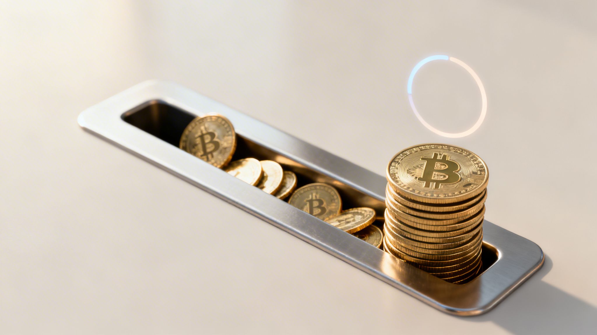 Golden Bitcoin coins in a metallic slot with a glowing progress circle, symbolizing cryptocurrency transactions.