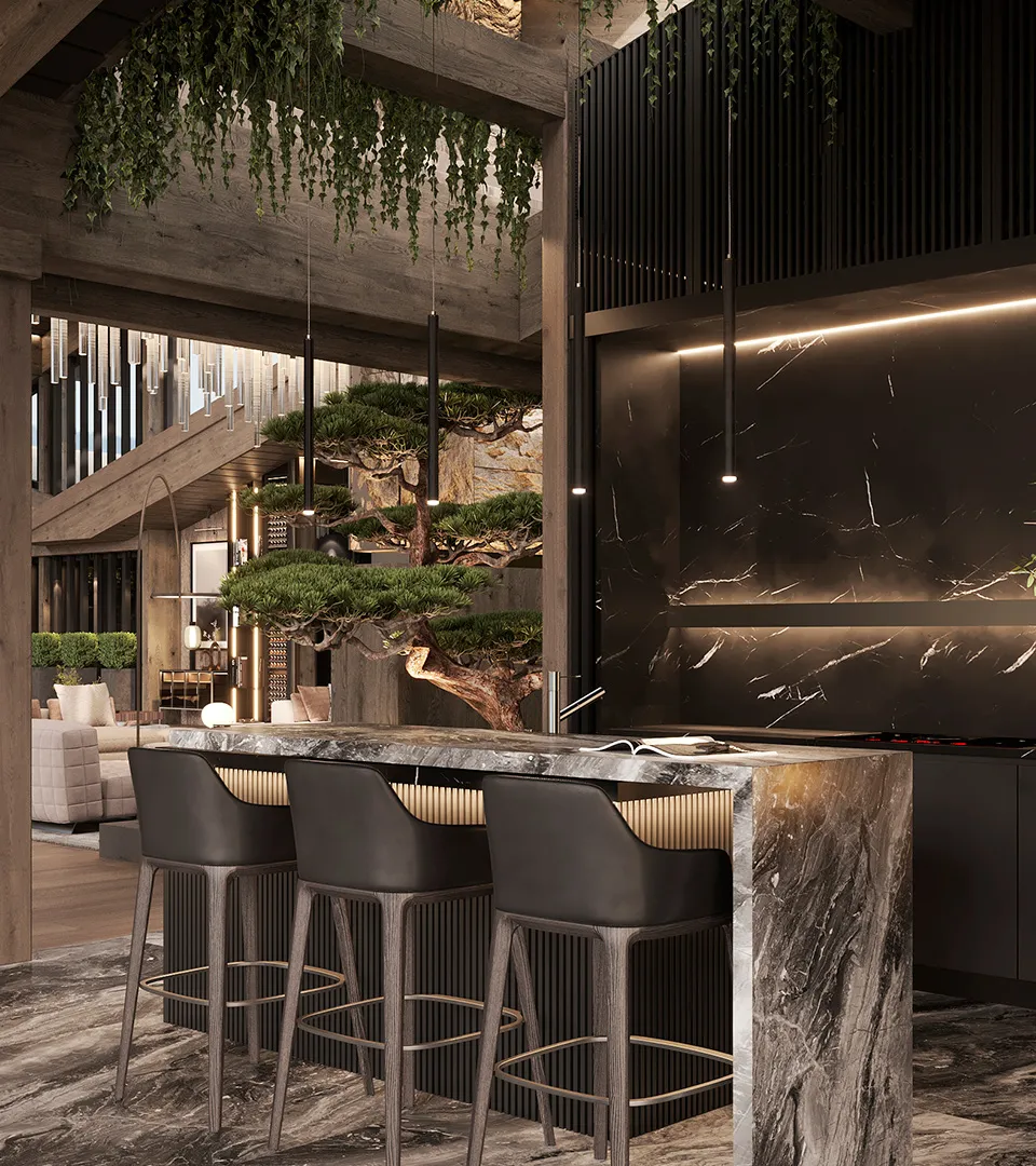 Peakside Chalets Cyprus bar island with marble waterfall countertop, high stools, and dramatic stone feature wall