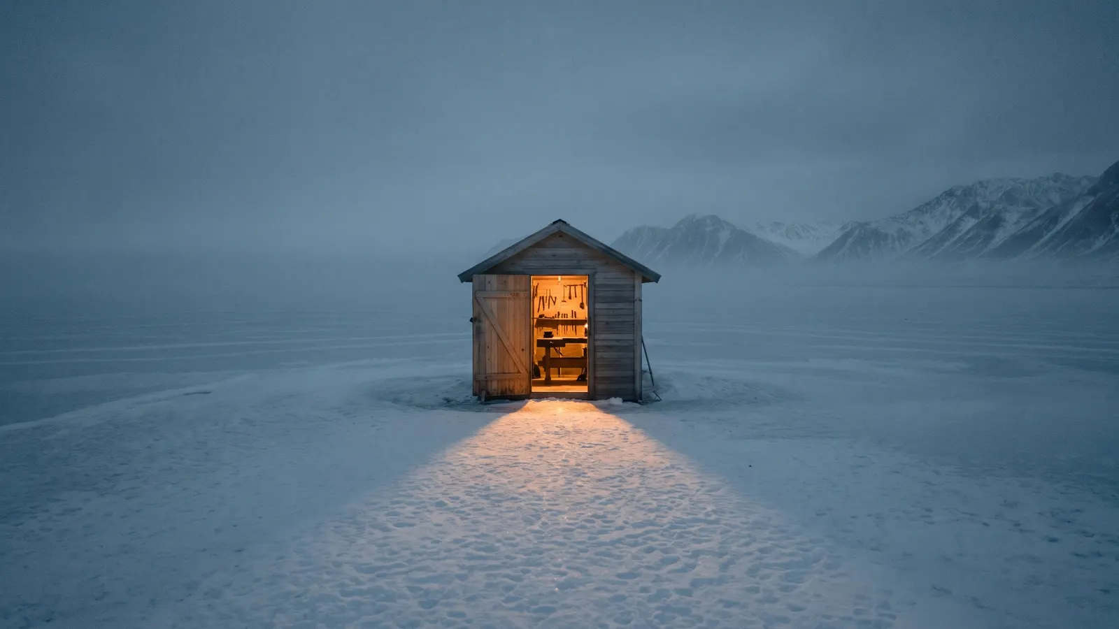 Kleine Werkstatt-Hütte in der Polarnacht, warmes Licht fällt aus der offenen Tür auf den Schnee