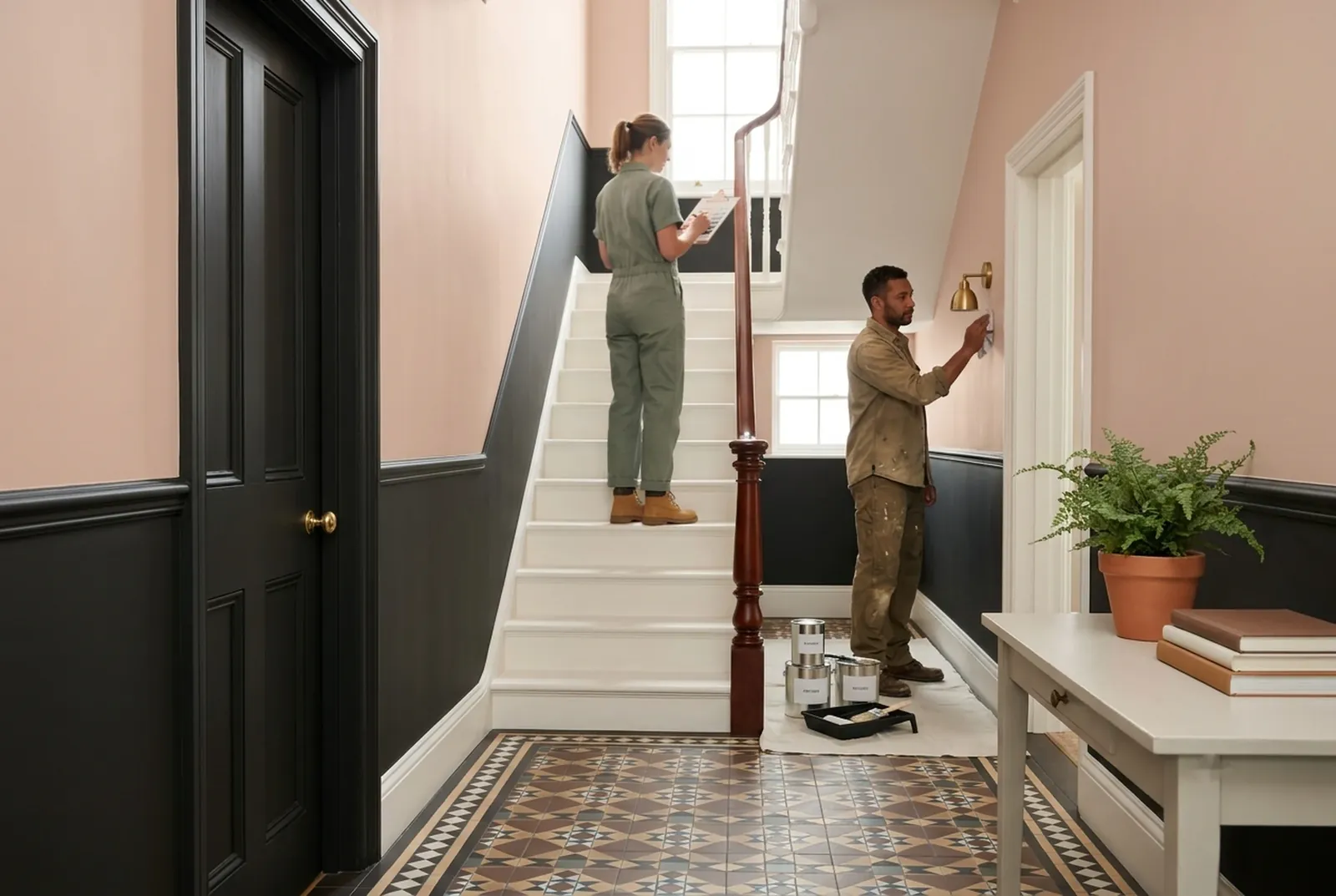 A Victorian hallway with soft pink walls above an off-black dado and a tiled floor, two decorators at work