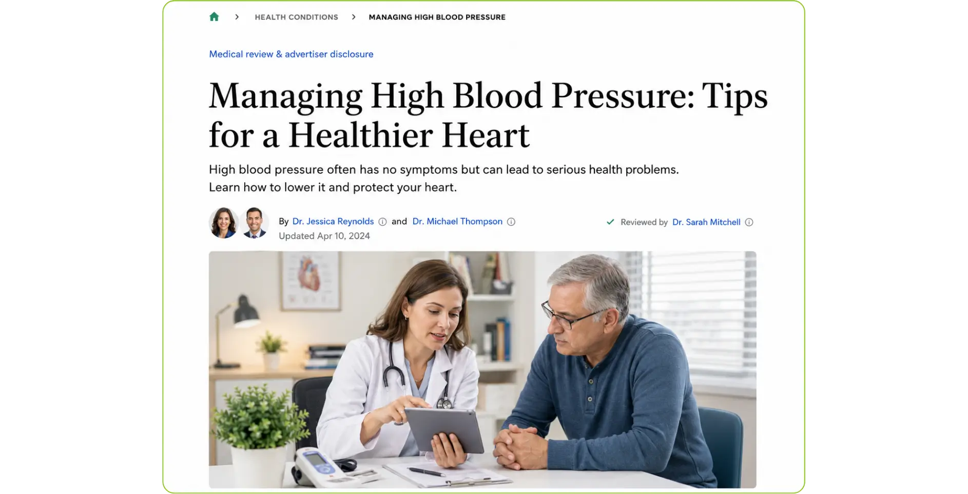 YMYL Article “Managing Highb Blood Pressure: Tips for a Healthier Heart)
