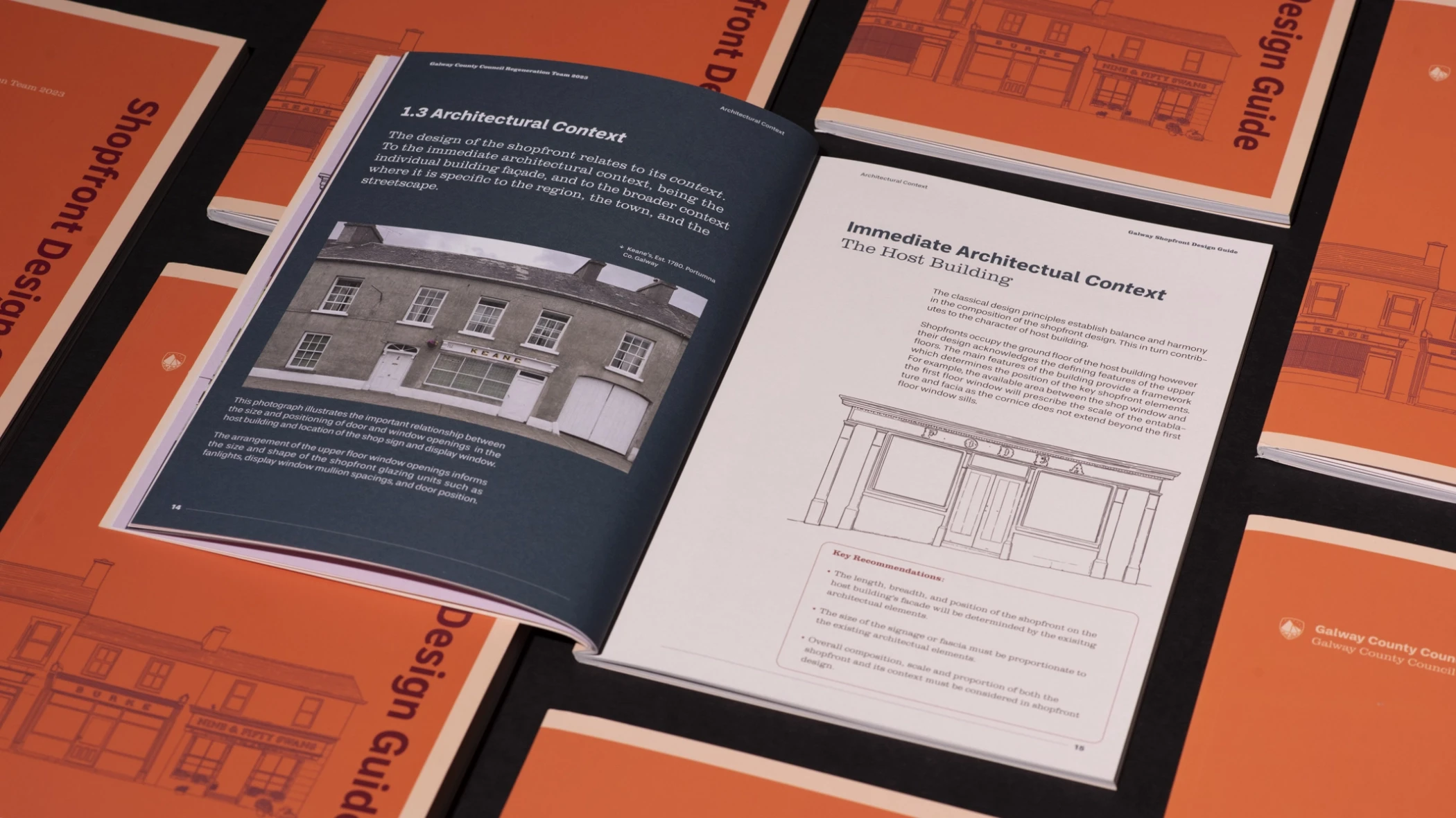 Several Galway shopfront guides in a isometric grid, with one open to show inner spread