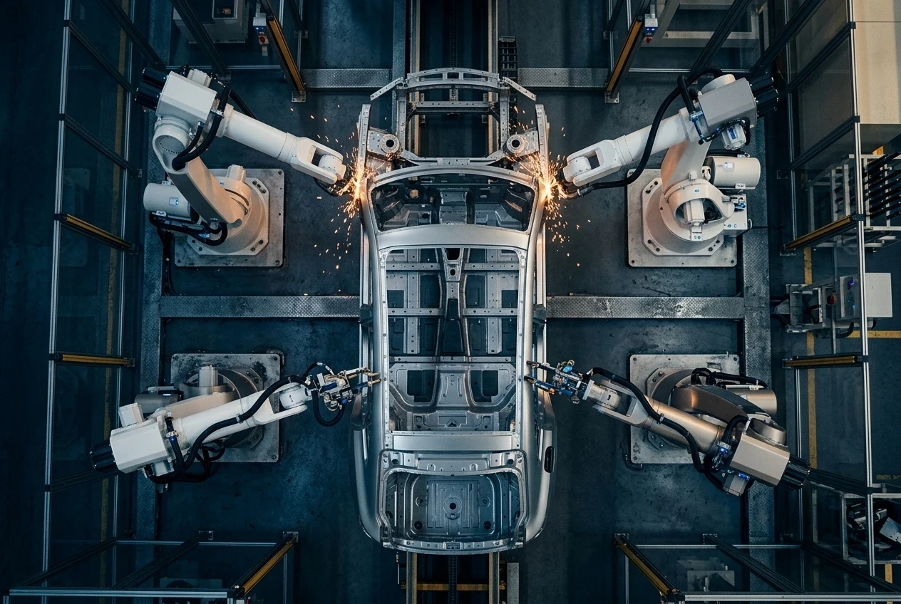 Aerial view of orange robotic arms assembling car frames on a production line