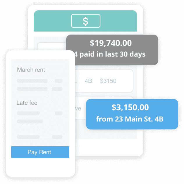 Online Rent Payments Image: Graphic with RentRedi app demonstrating how rent payments are shown on mobile devices for landlords and tenants