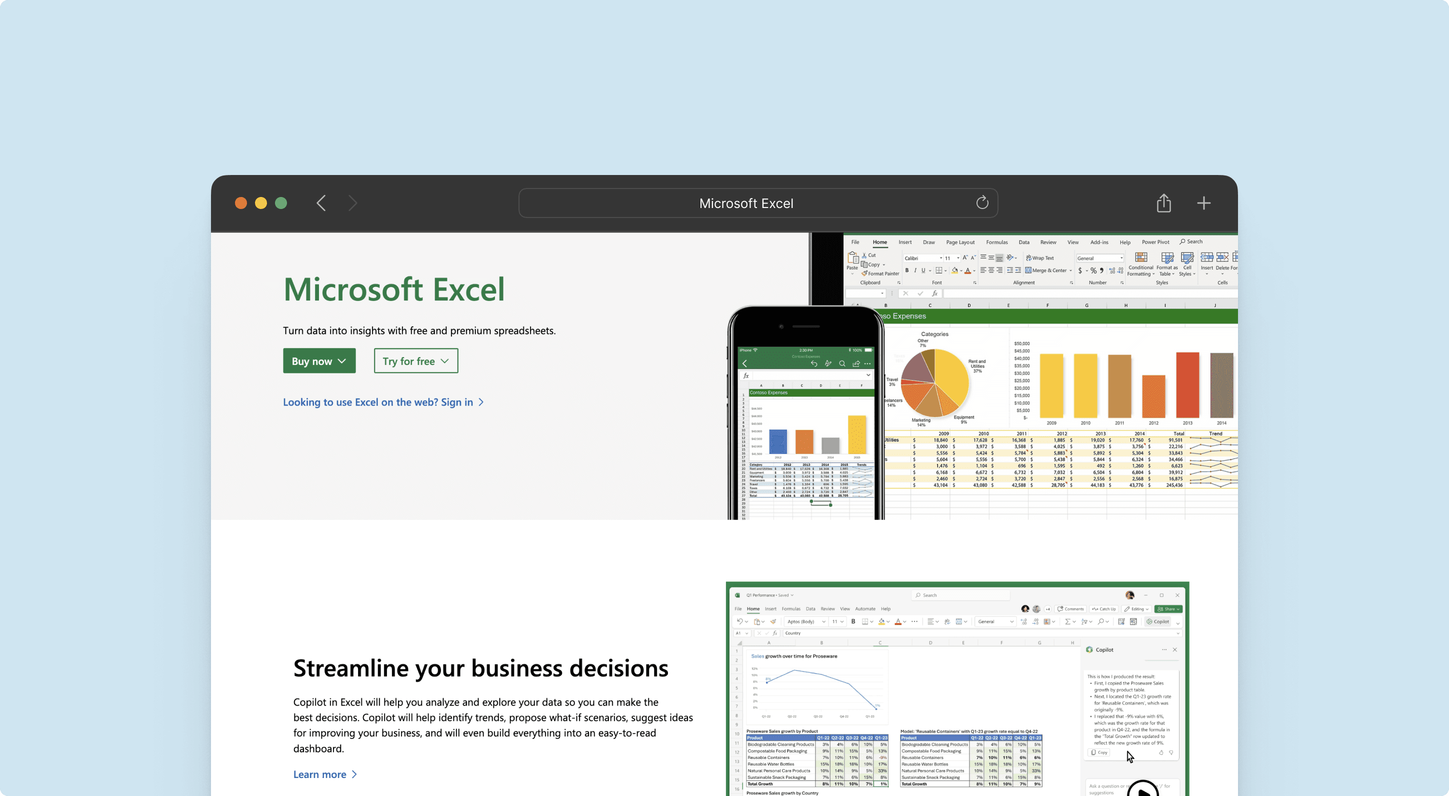 Browser displaying a page advertising microsoft excel's business offering
