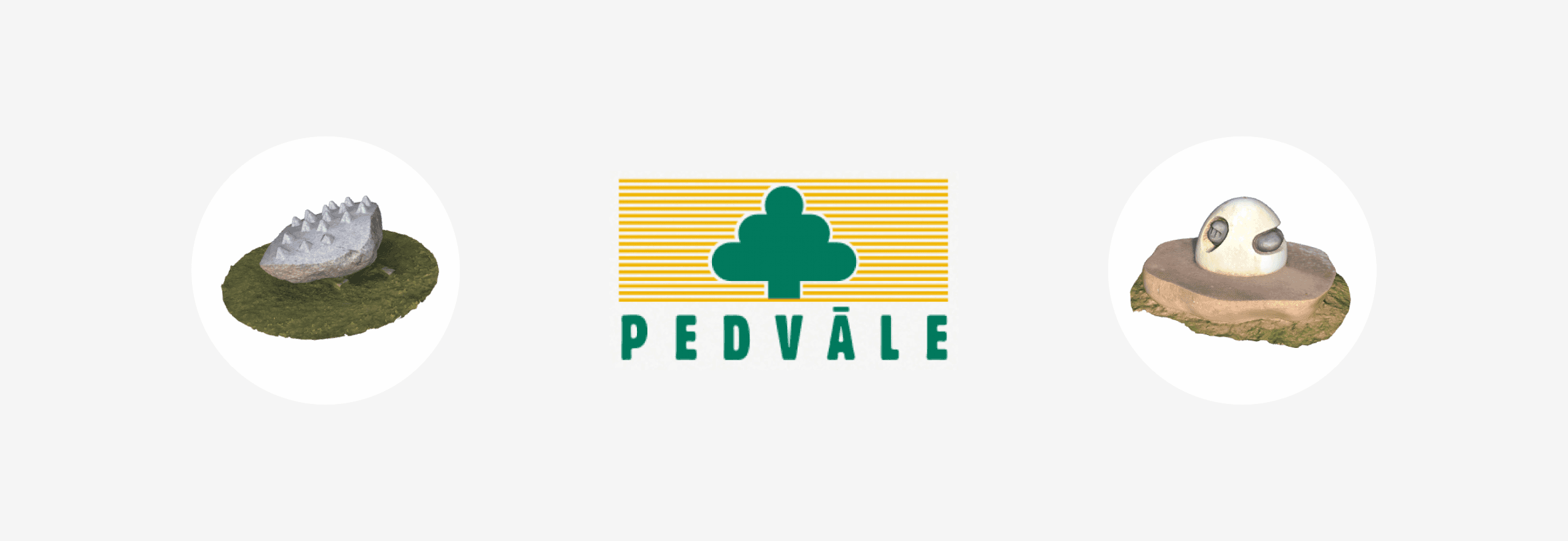 Pedvāle Open-Air Museum logo with 3D scanned sculpture previews showing stone artworks