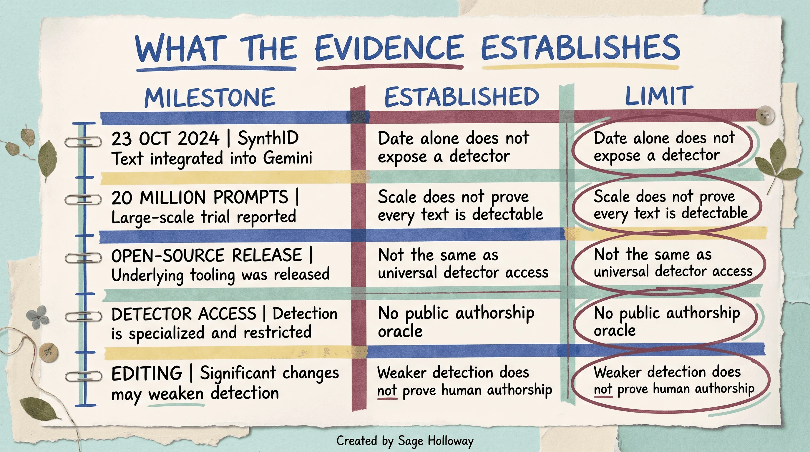 Timeline table of SynthID Text evidence, scale testing, and access limits