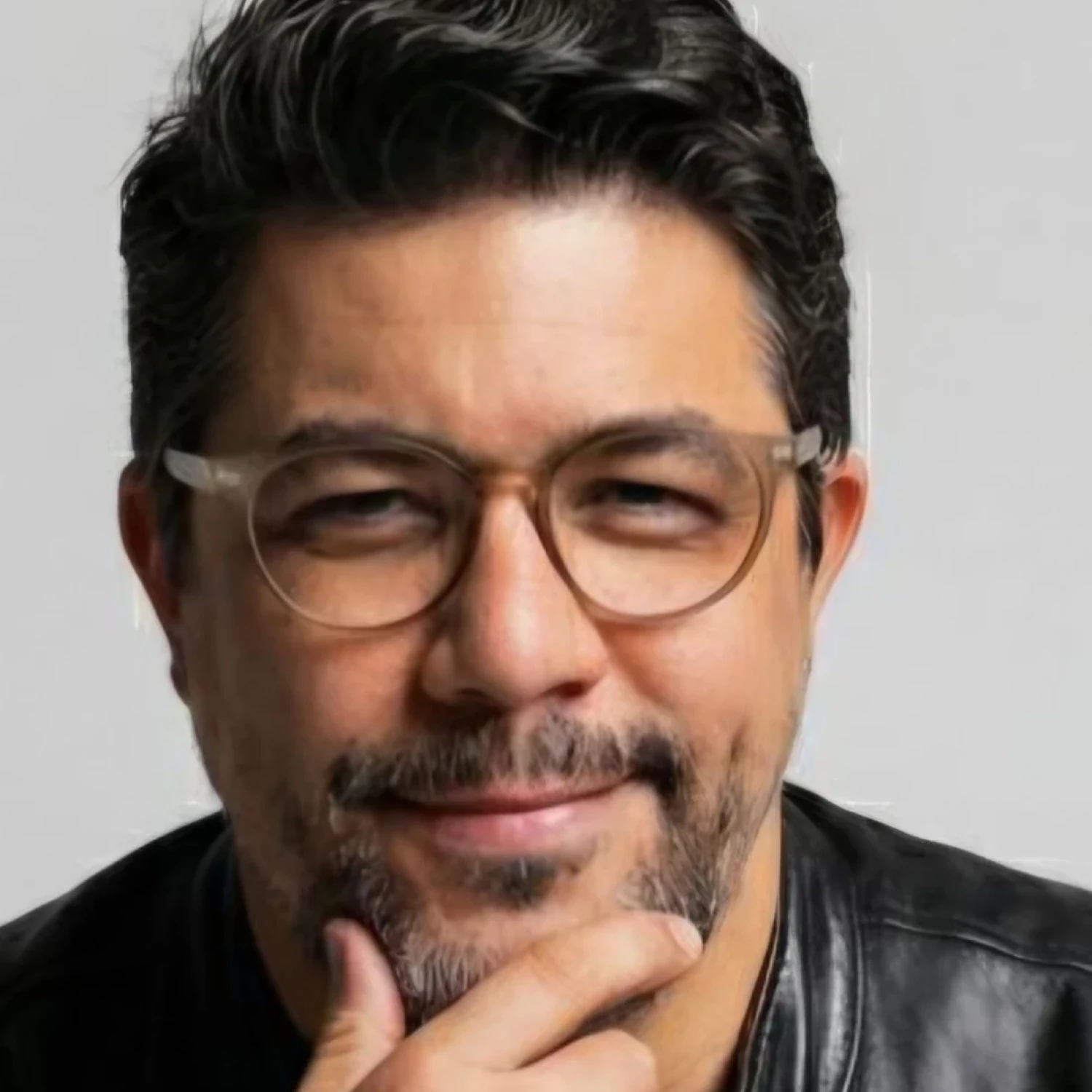 A young person with curly hair smiles at the camera while sitting in front of a laptop against a dark background.