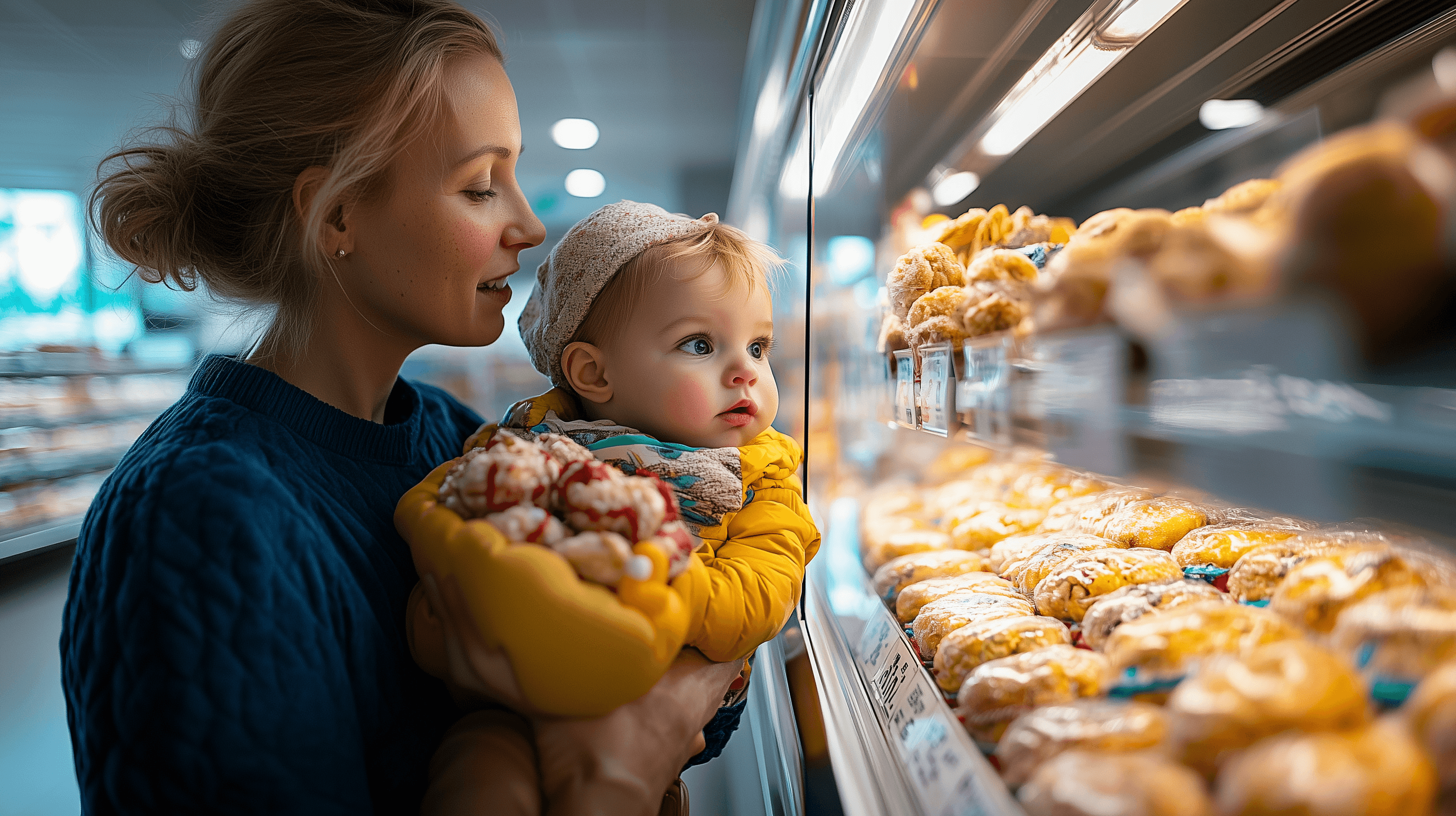 Caring nanny with a baby at a bakery, reflecting United Nannies' trusted childcare and family support services.