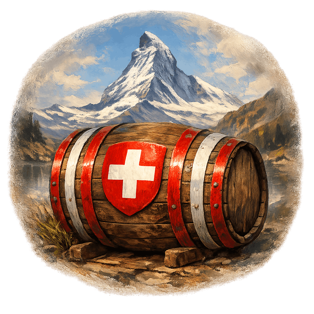 Wine barrel featuring the Switzerland national emblem for regional wine education.