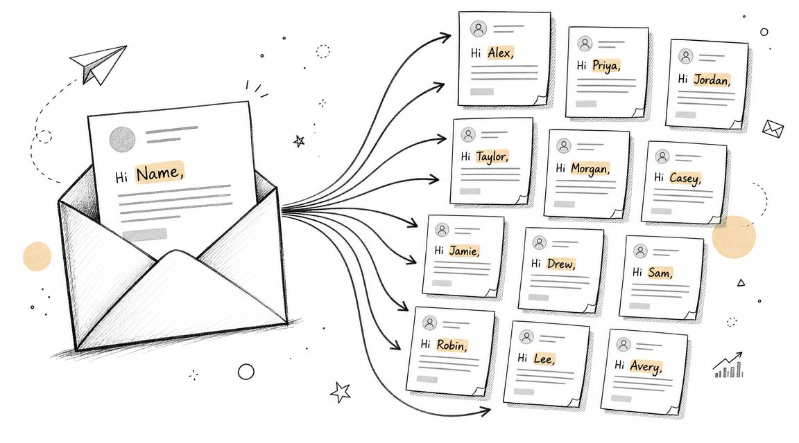 A hand-drawn illustration showing a single email message being personalized and sent to multiple individual recipients.