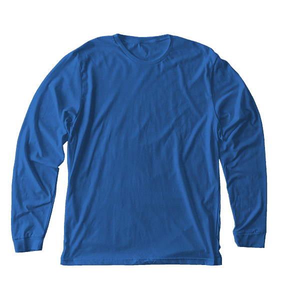 Blue long-sleeve cotton t-shirt on white background.