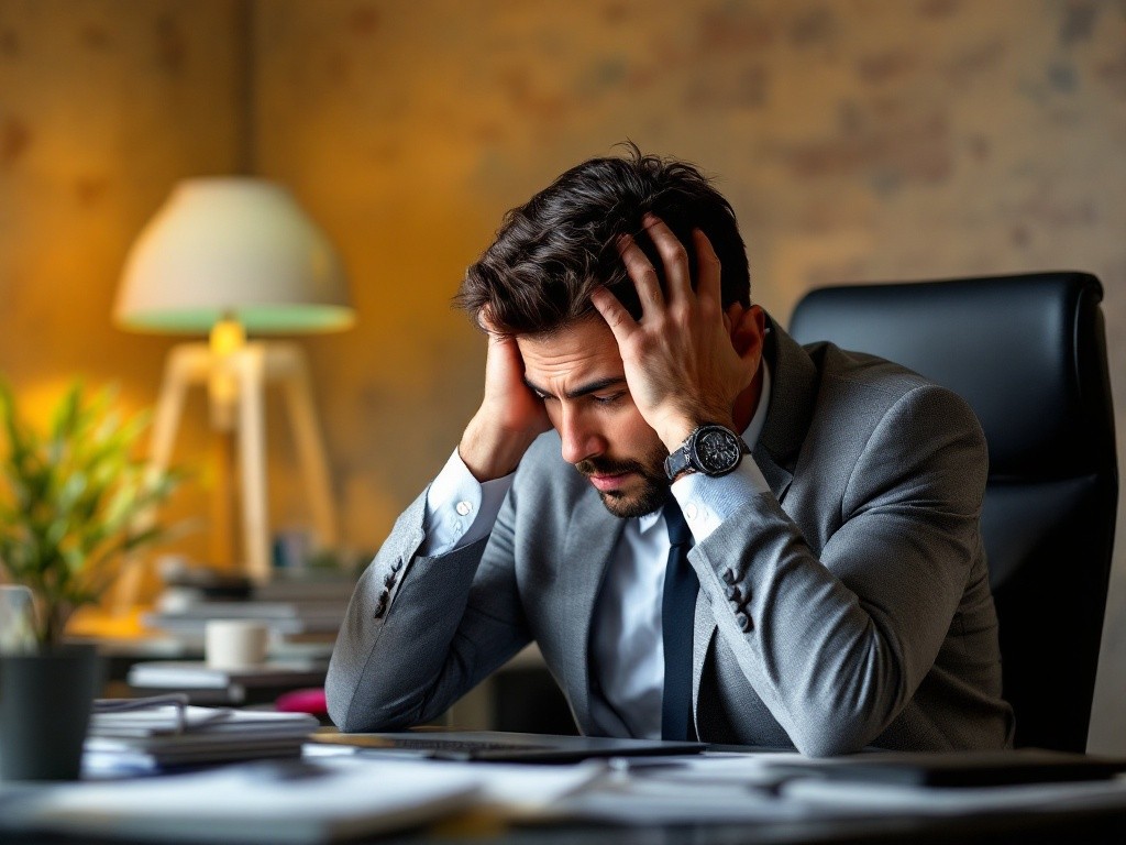 A businessman sits at his desk with his hands on his head, looking stressed and overwhelmed.