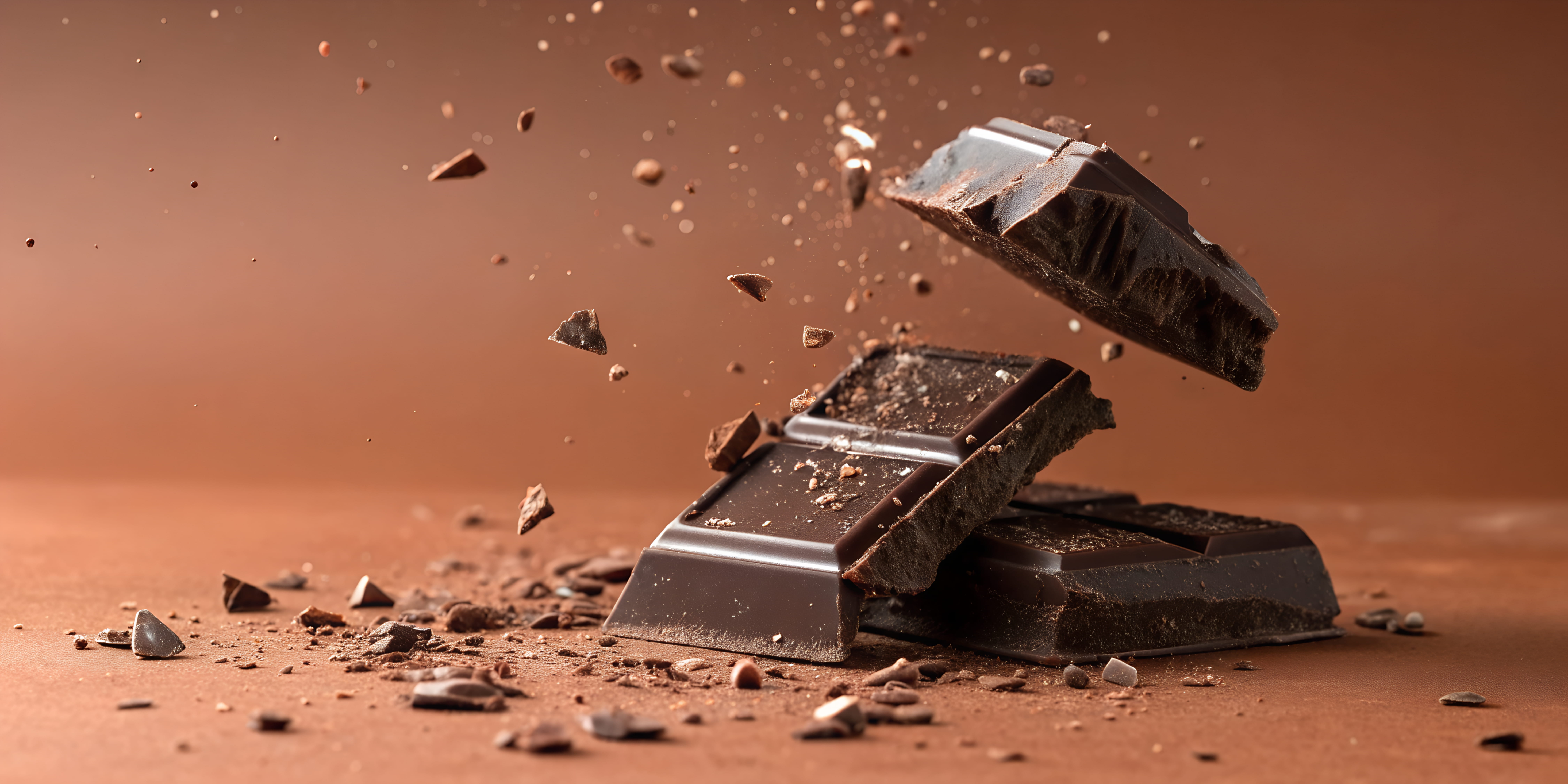An assortment of chocolate bars scattered on a brown surface, with cocoa pieces around them.