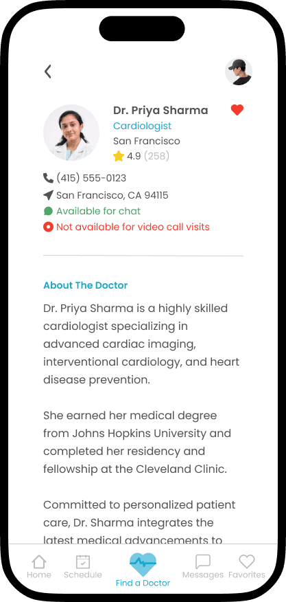 Doctor profile page showing appointment options and an "About the Doctor" section