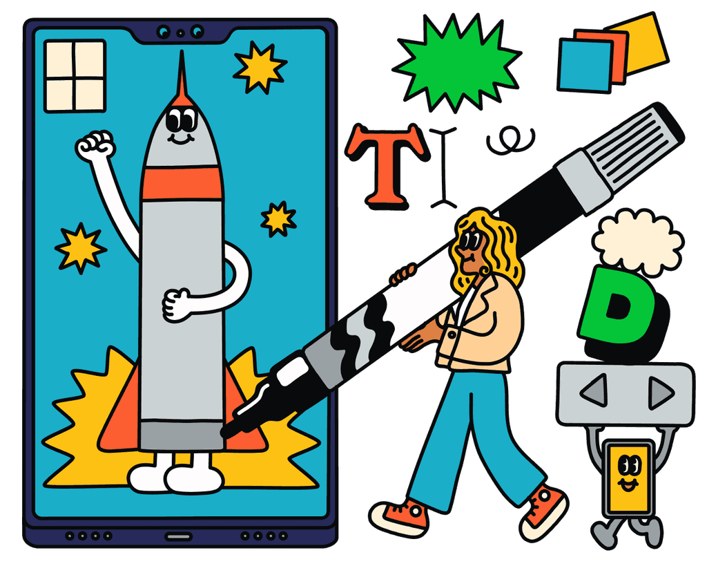 Illustration of a giant mobile phone with a rocket on its screen, surrounded by floating elements. A girl is walking next to the phone, carrying a large pen on her shoulder.