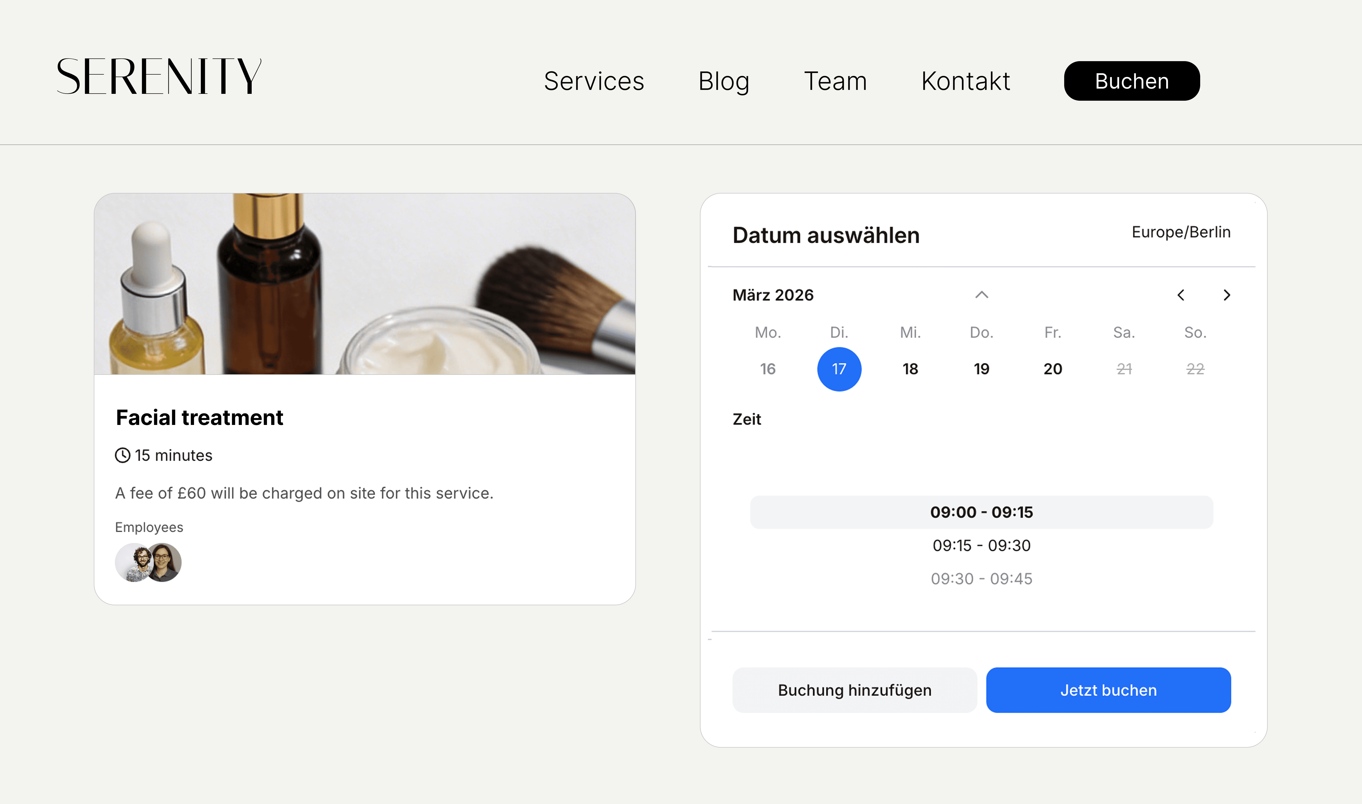 Ein Terminbuchungswidget von anny eingebettet in eine Website