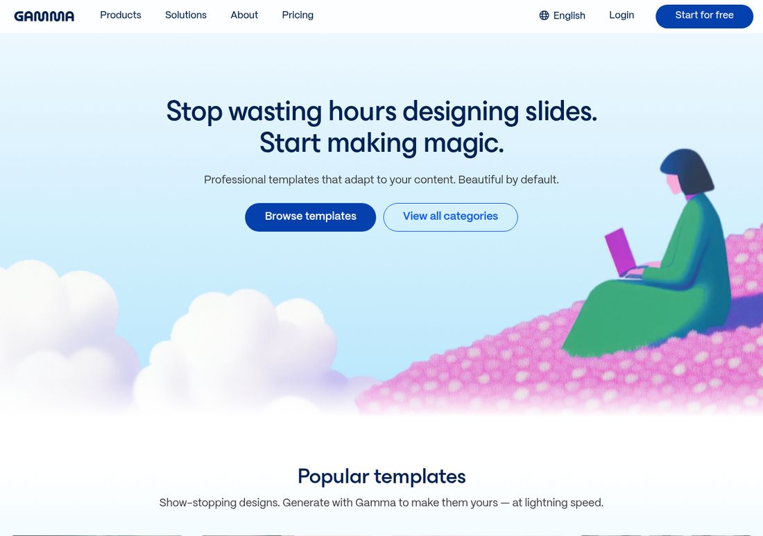 Gamma template gallery page showing professional presentation templates that adapt to content