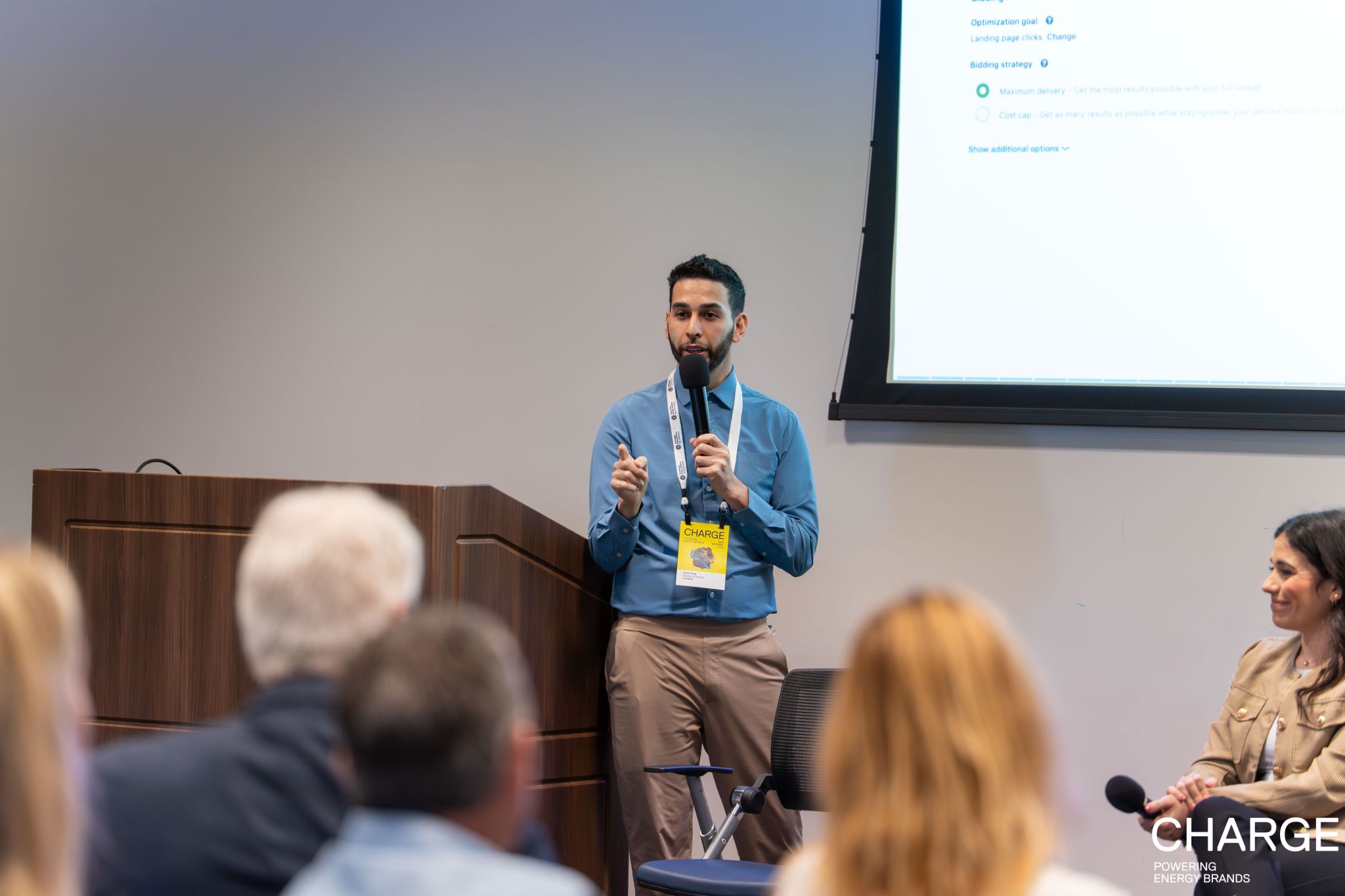 Jacob Yang speaking at the CHARGE NA conference about LinkedIn growth hacks for energy companies