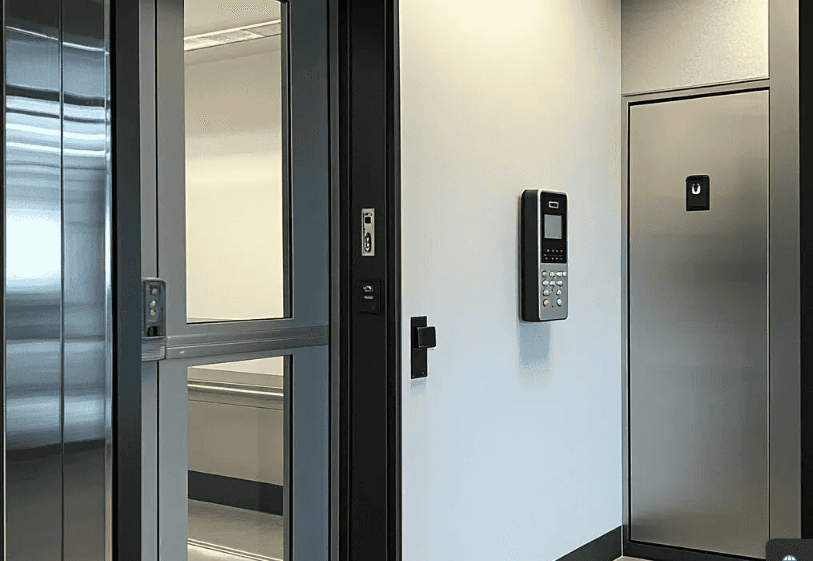 Modern elevator with glass and metal doors in a clean, well-lit building hallway. A keypad access control system is mounted on the wall next to the elevator.