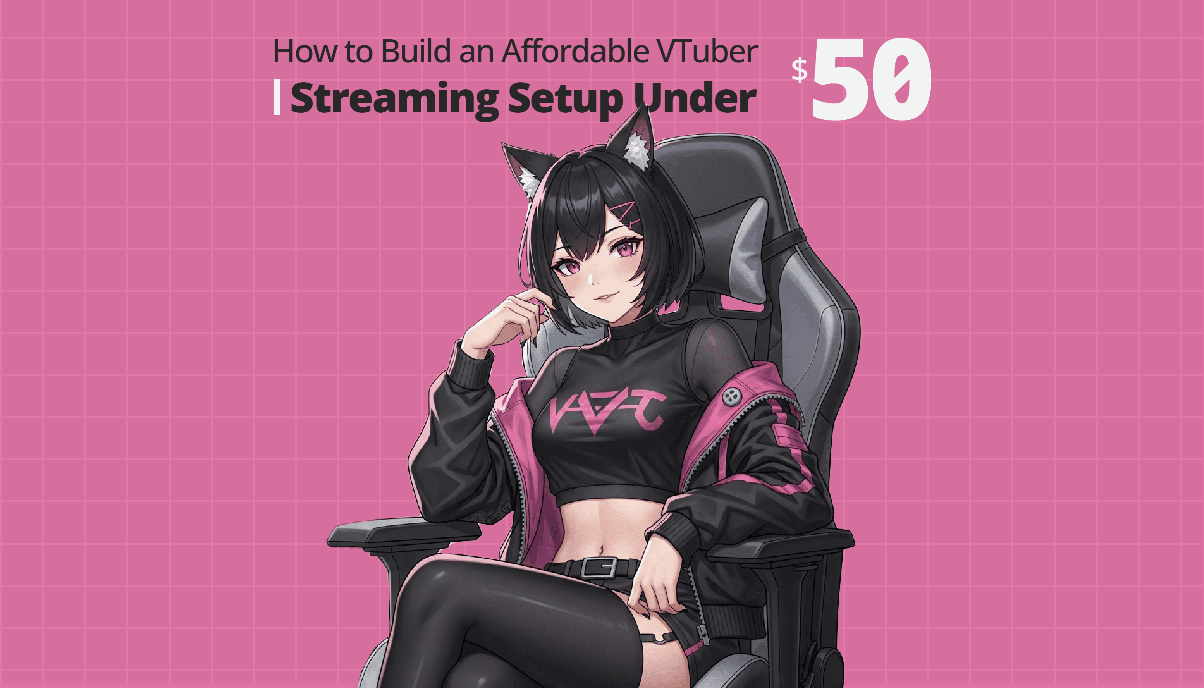 Anime VTuber girl with black bob hair and cat ears sitting on a gaming chair, wearing a black and pink cropped jacket, with text “How to Build an Affordable VTuber Streaming Setup Under $50” on a pink grid background.