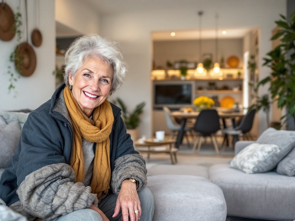 A smiling older woman sits on a gray couch in her living room.