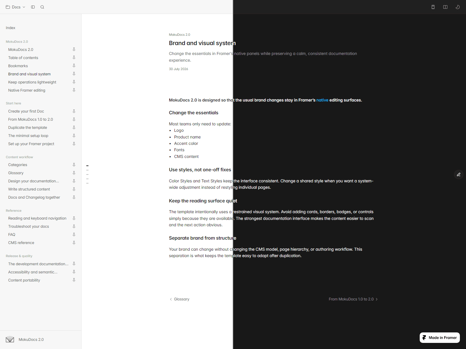 The same doc page split down the middle, light theme on the left and dark theme on the right, both generated from the same colour styles